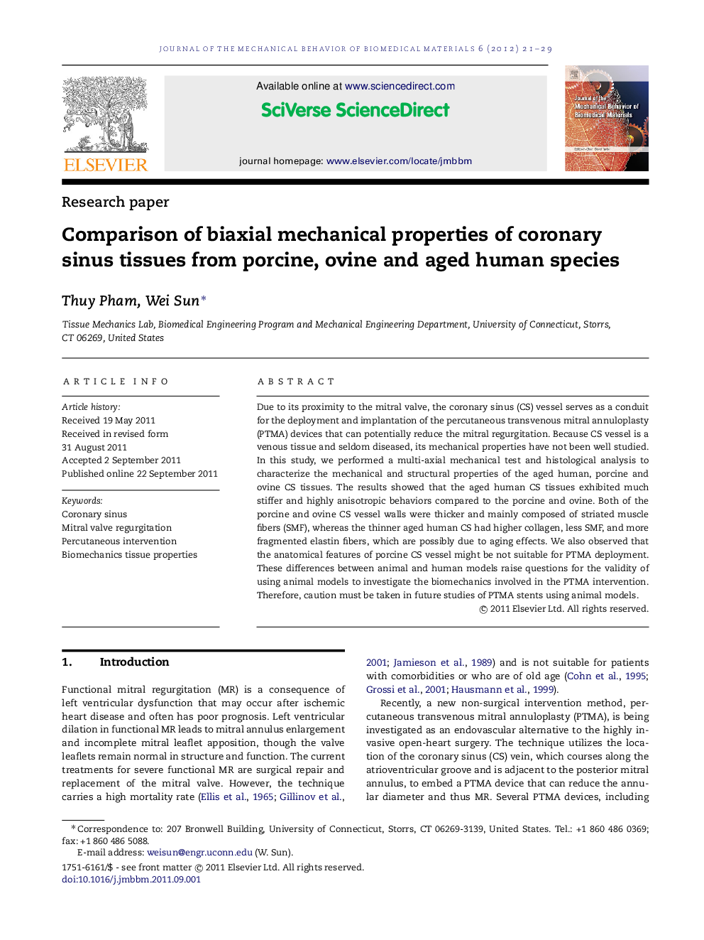 Comparison of biaxial mechanical properties of coronary sinus tissues from porcine, ovine and aged human species