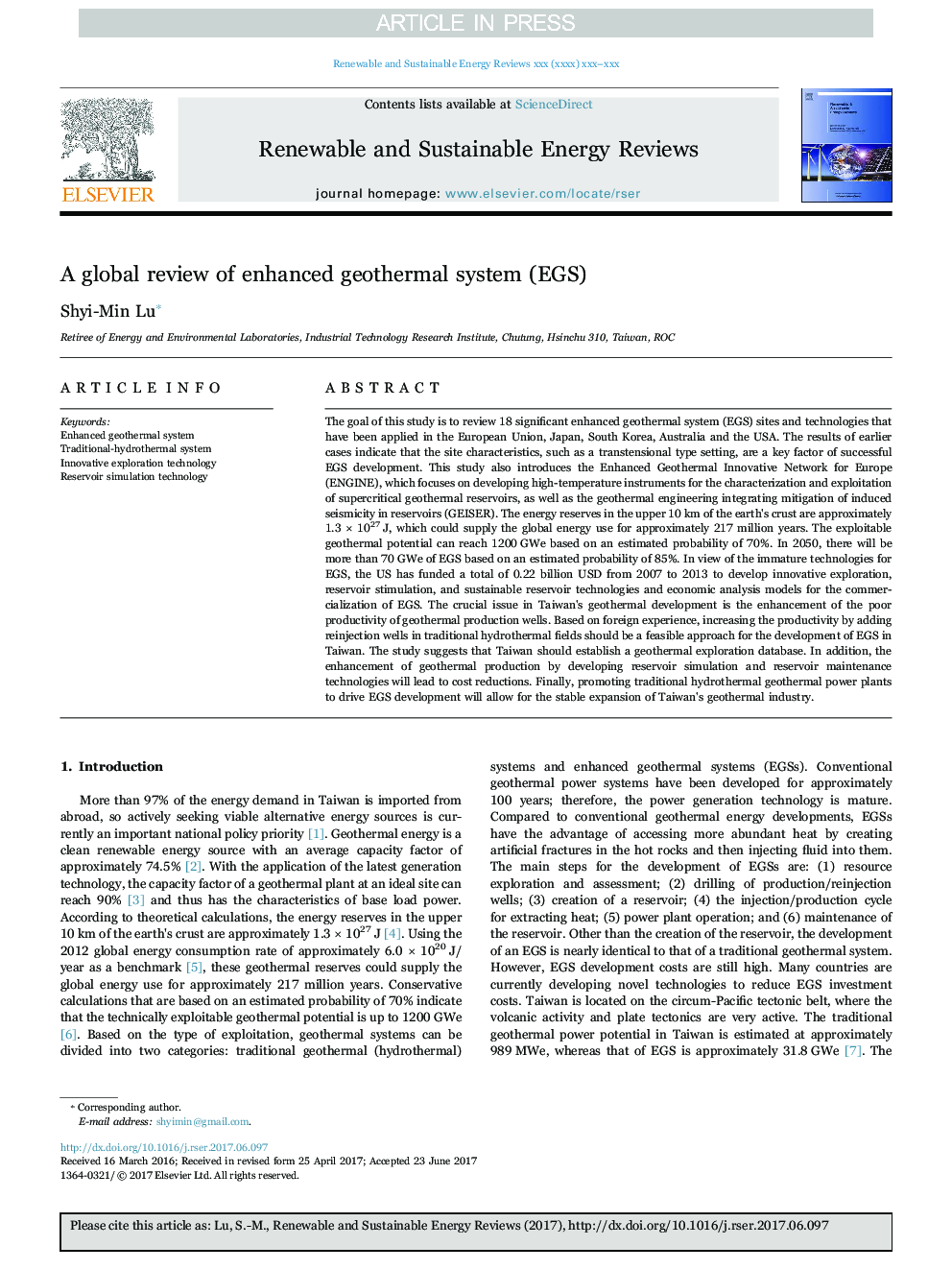 A global review of enhanced geothermal system (EGS)