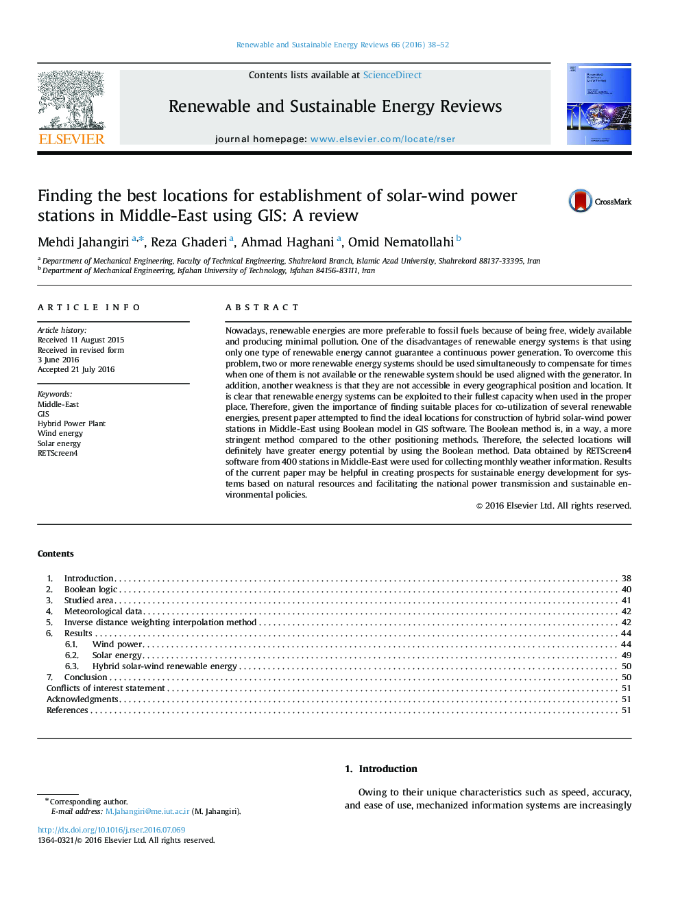 Finding the best locations for establishment of solar-wind power stations in Middle-East using GIS: A review