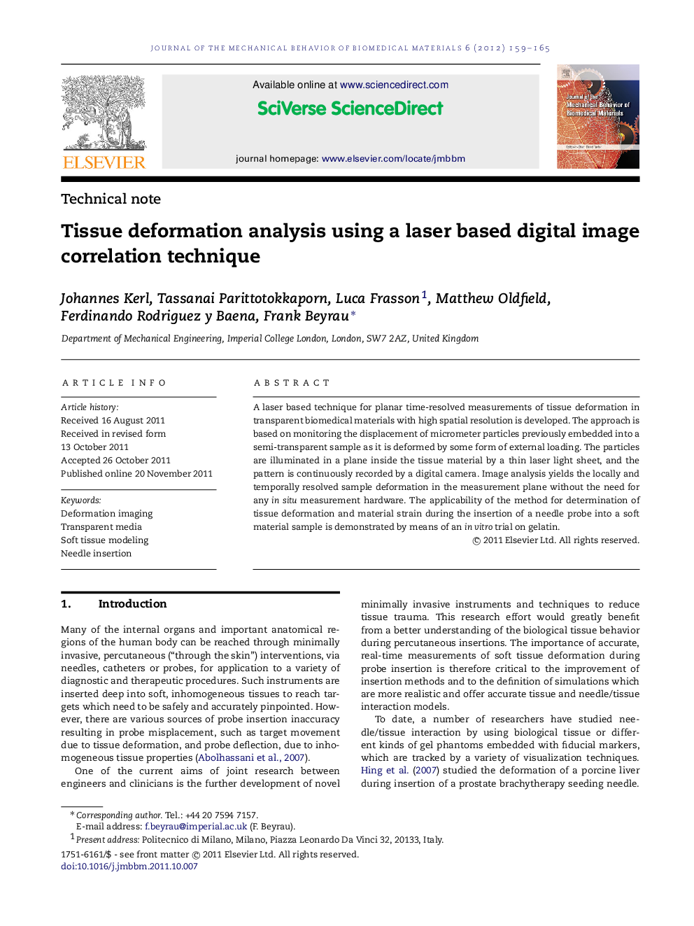 Tissue deformation analysis using a laser based digital image correlation technique