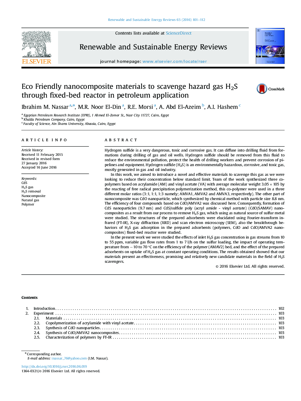 Eco Friendly nanocomposite materials to scavenge hazard gas H2S through fixed-bed reactor in petroleum application