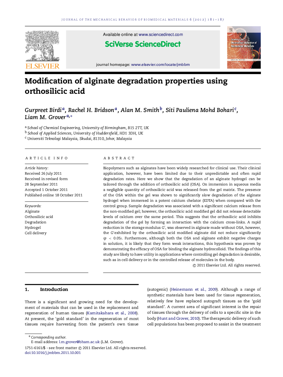 Modification of alginate degradation properties using orthosilicic acid