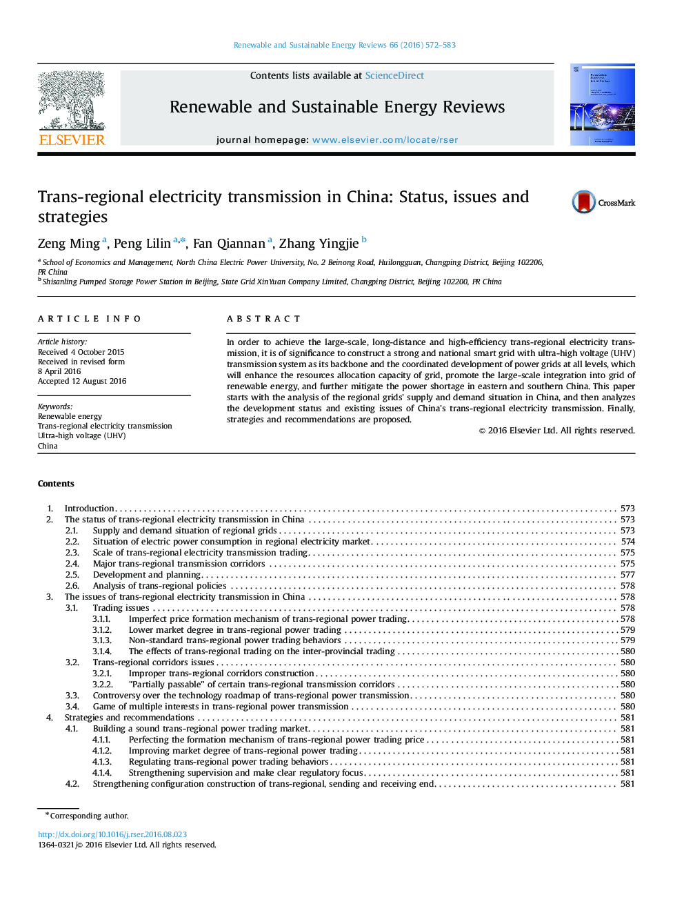 Trans-regional electricity transmission in China: Status, issues and strategies