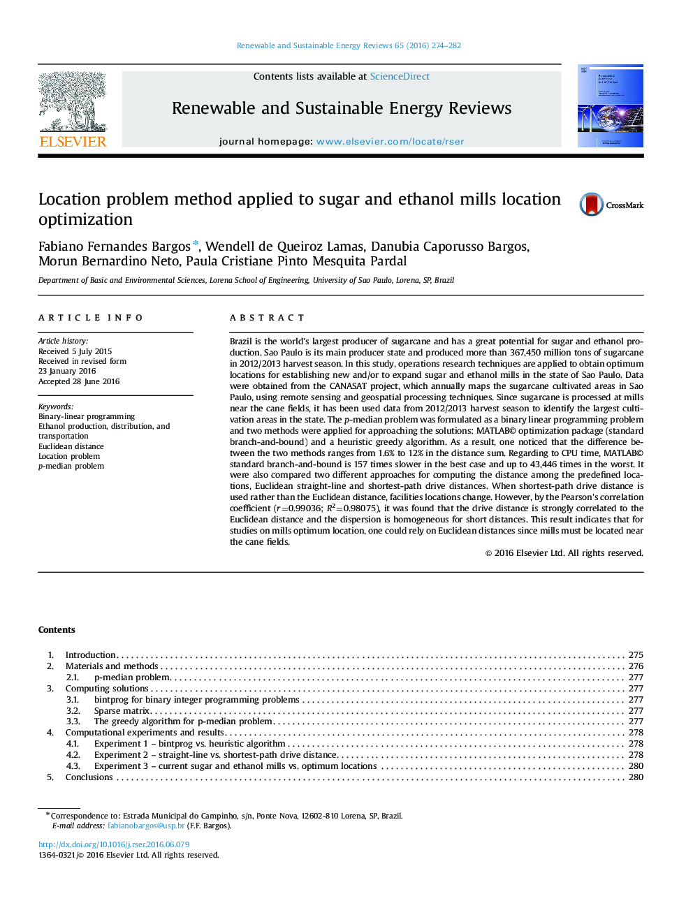 Location problem method applied to sugar and ethanol mills location optimization