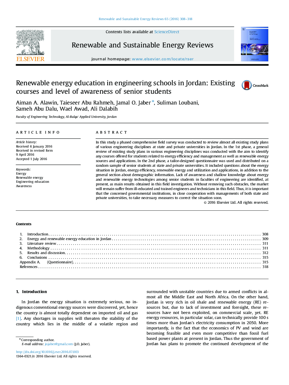 Renewable energy education in engineering schools in Jordan: Existing courses and level of awareness of senior students