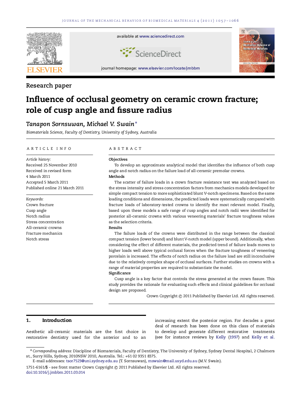 Influence of occlusal geometry on ceramic crown fracture; role of cusp angle and fissure radius