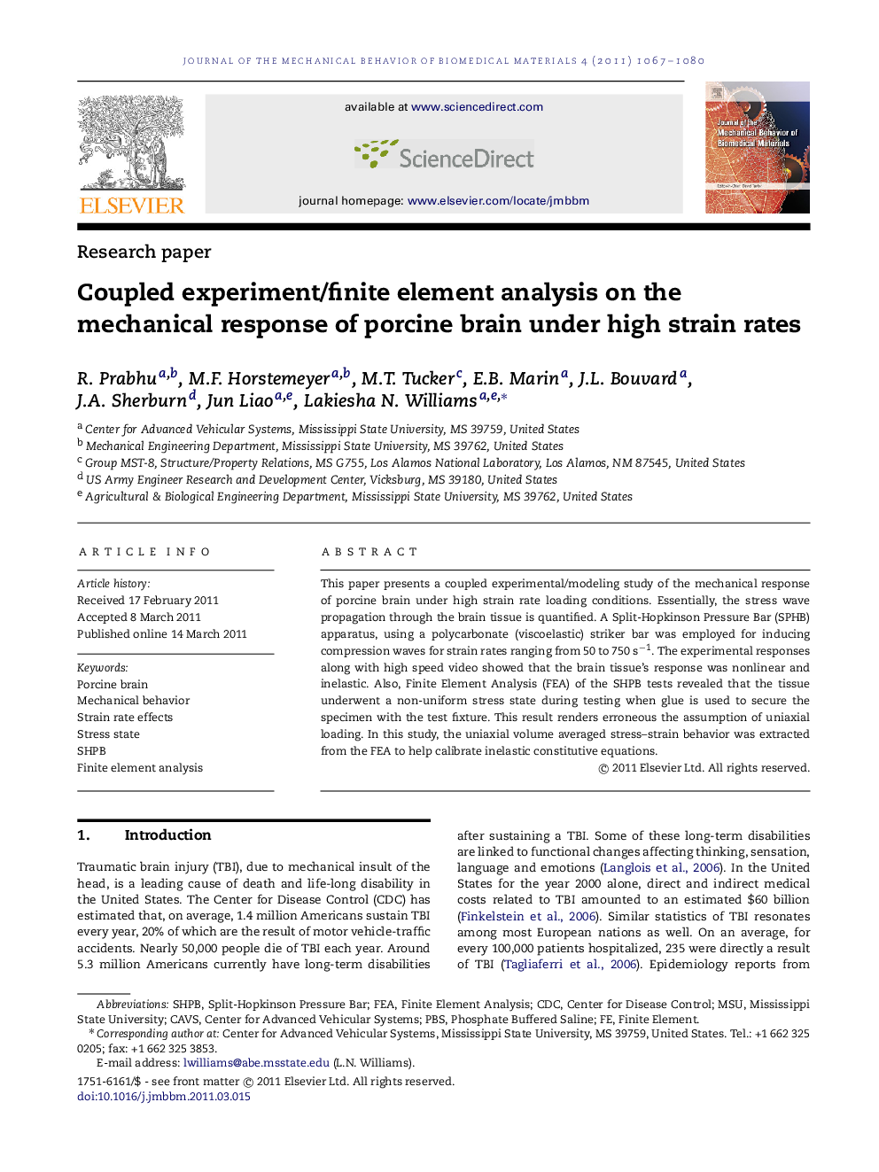 Coupled experiment/finite element analysis on the mechanical response of porcine brain under high strain rates