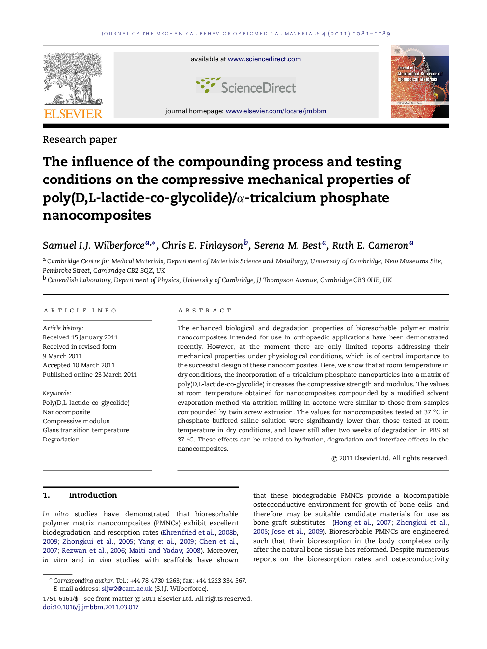 The influence of the compounding process and testing conditions on the compressive mechanical properties of poly(D,L-lactide-co-glycolide)/αα-tricalcium phosphate nanocomposites