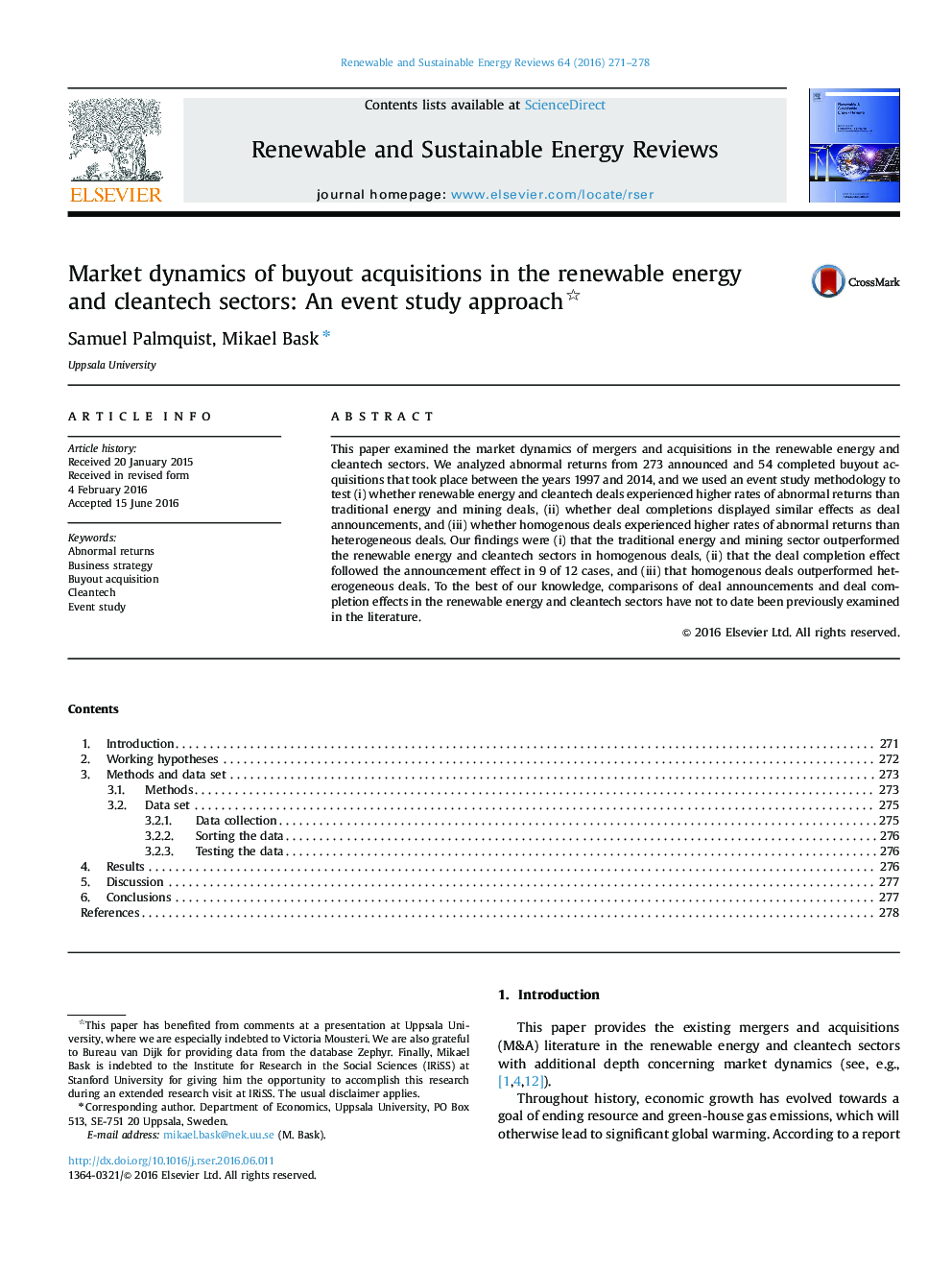 Market dynamics of buyout acquisitions in the renewable energy and cleantech sectors: An event study approach