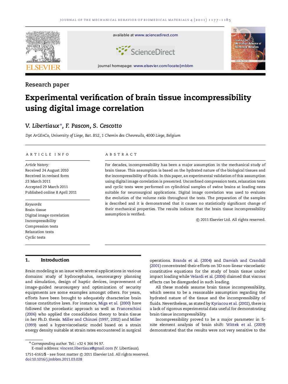 Experimental verification of brain tissue incompressibility using digital image correlation