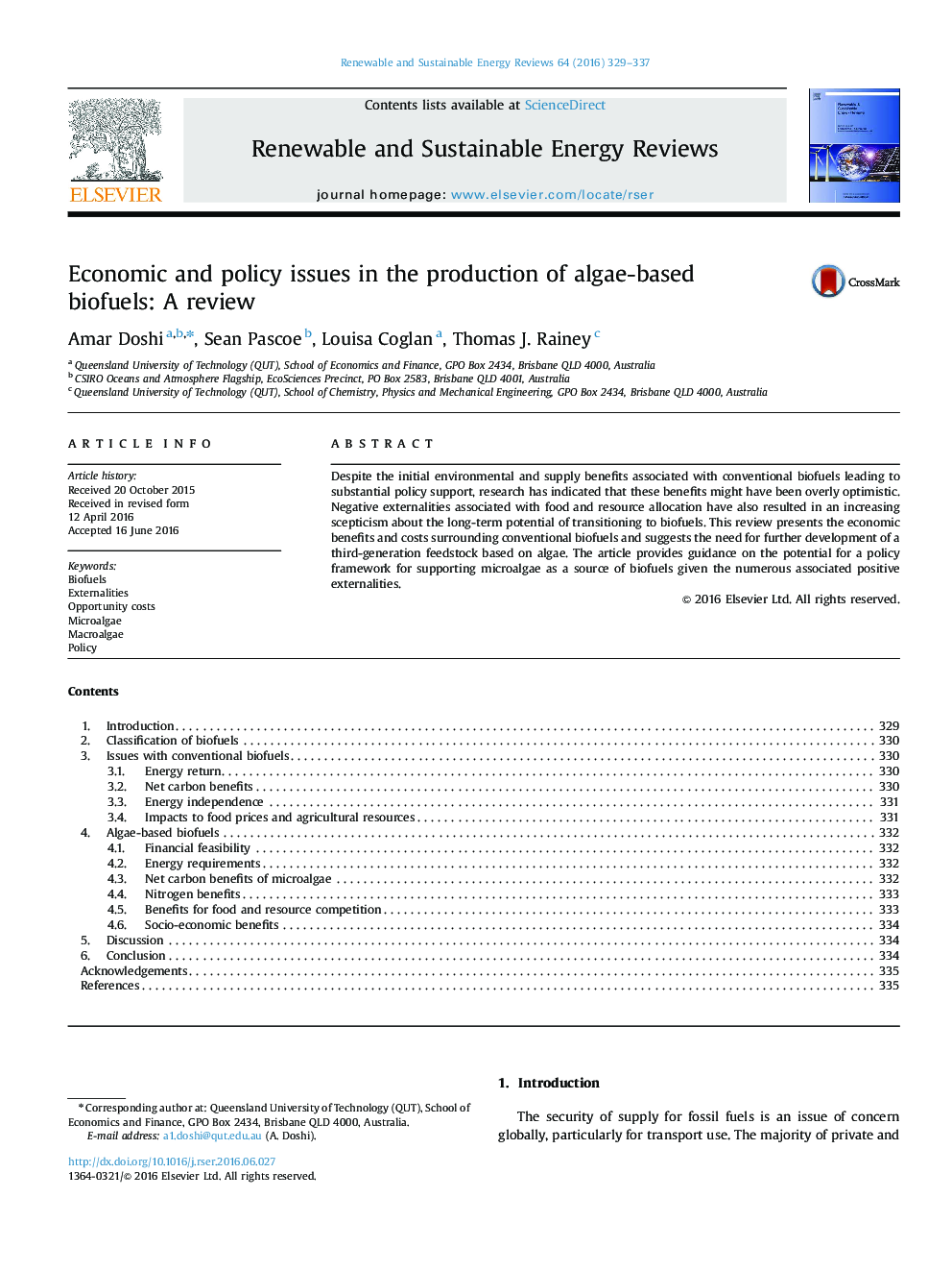 Economic and policy issues in the production of algae-based biofuels: A review