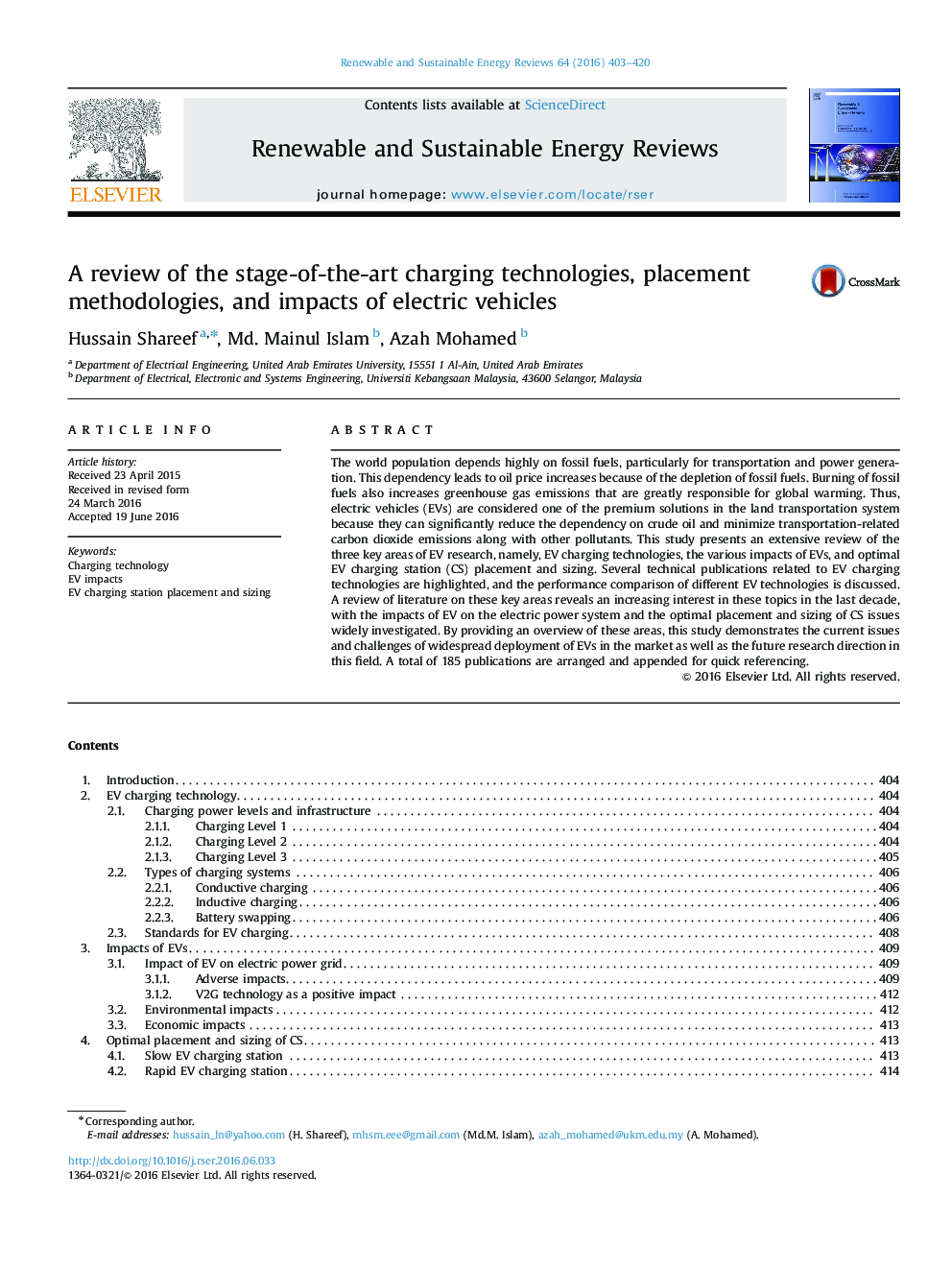 A review of the stage-of-the-art charging technologies, placement methodologies, and impacts of electric vehicles