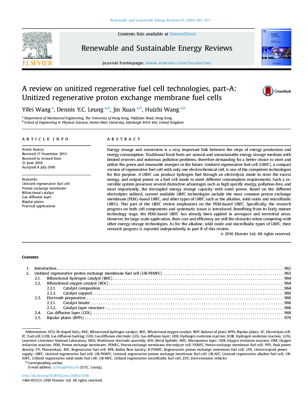 A review on unitized regenerative fuel cell technologies, part-A: Unitized regenerative proton exchange membrane fuel cells