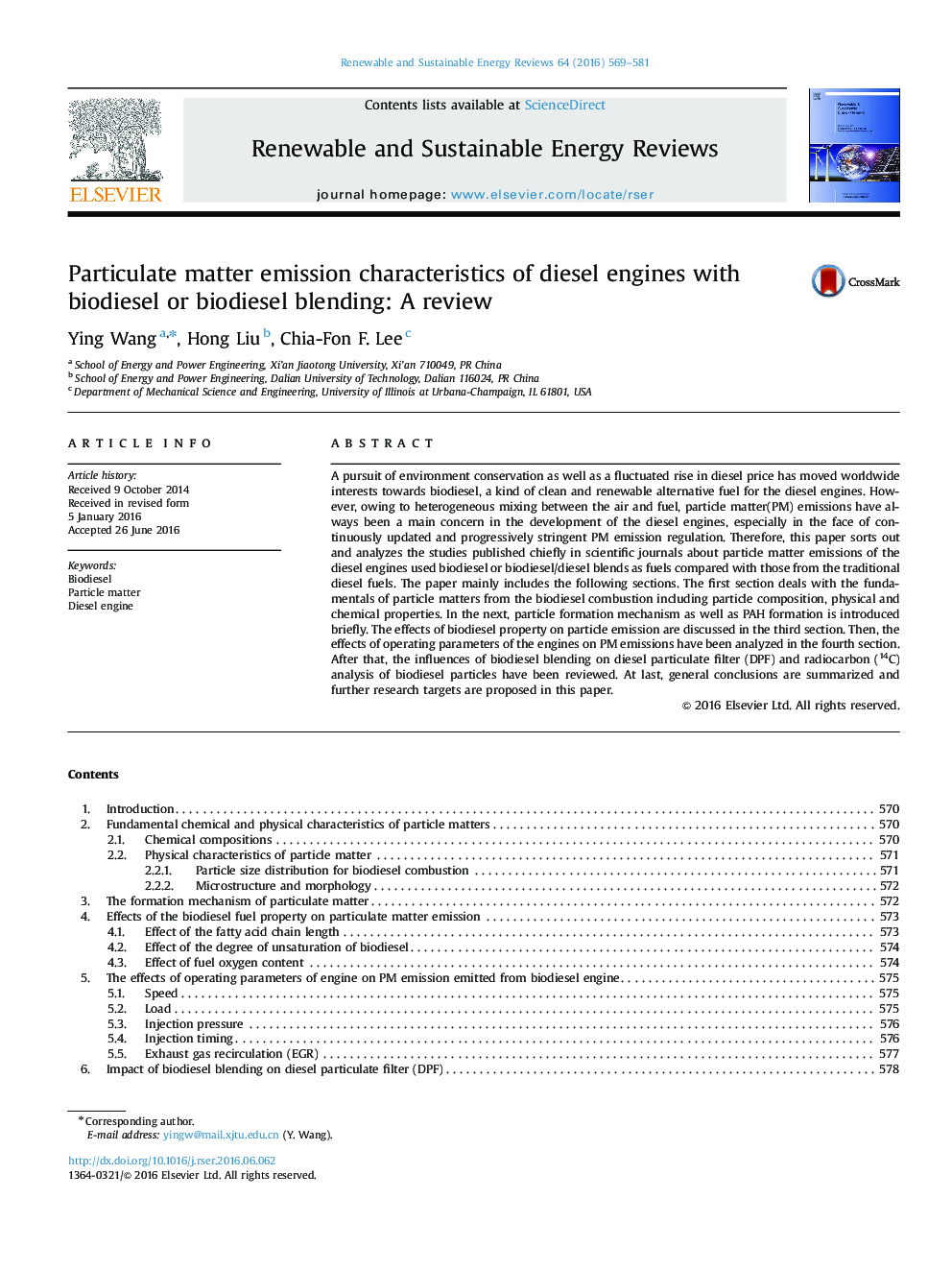 Particulate matter emission characteristics of diesel engines with biodiesel or biodiesel blending: A review