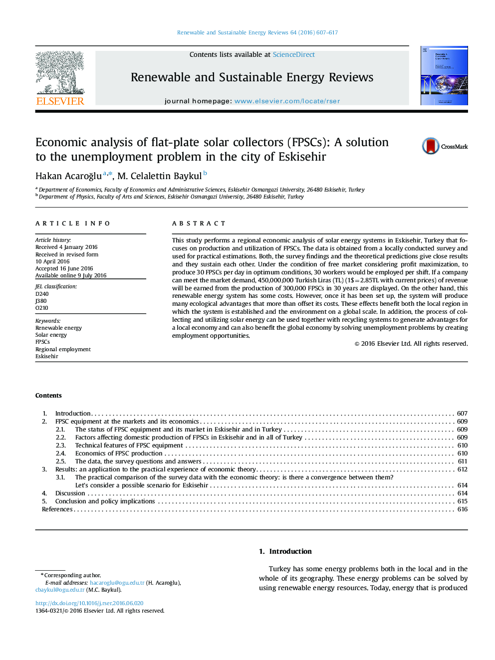 Economic analysis of flat-plate solar collectors (FPSCs): A solution to the unemployment problem in the city of Eskisehir