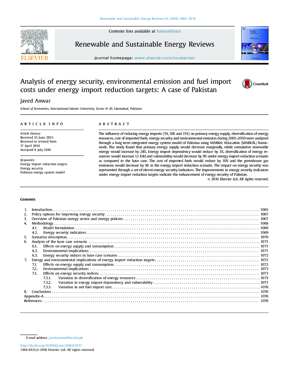 Analysis of energy security, environmental emission and fuel import costs under energy import reduction targets: A case of Pakistan