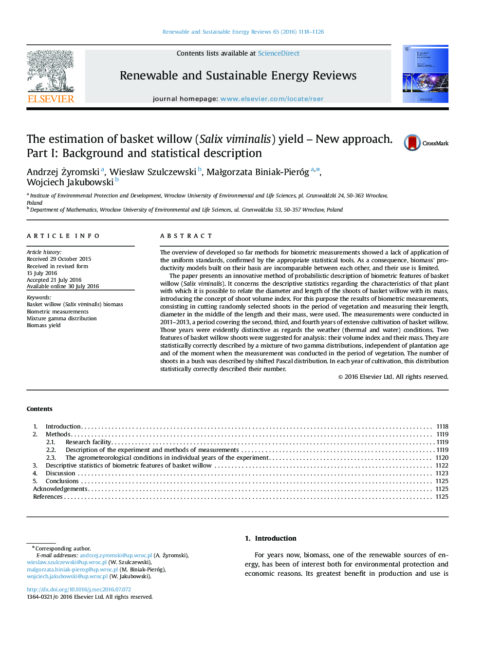 The estimation of basket willow (Salix viminalis) yield - New approach. Part I: Background and statistical description