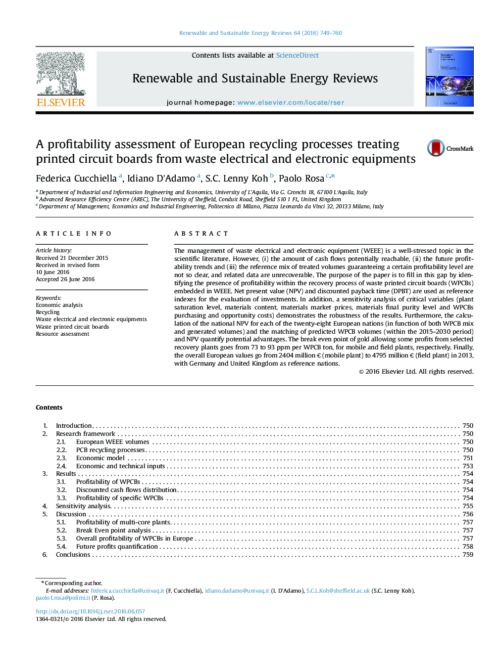 A profitability assessment of European recycling processes treating printed circuit boards from waste electrical and electronic equipments