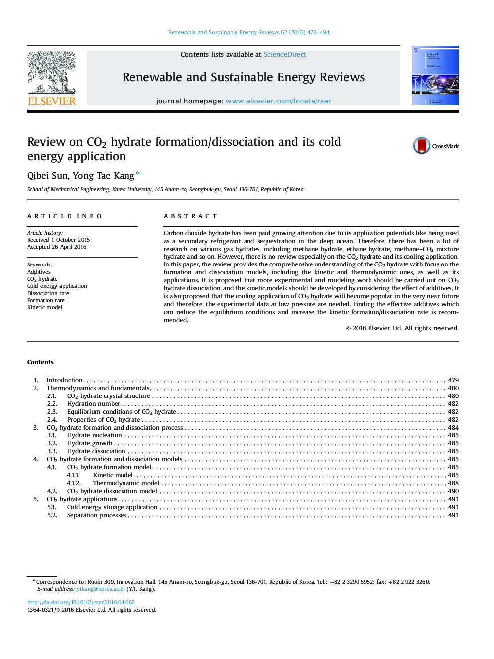 Review on CO2 hydrate formation/dissociation and its cold energy application