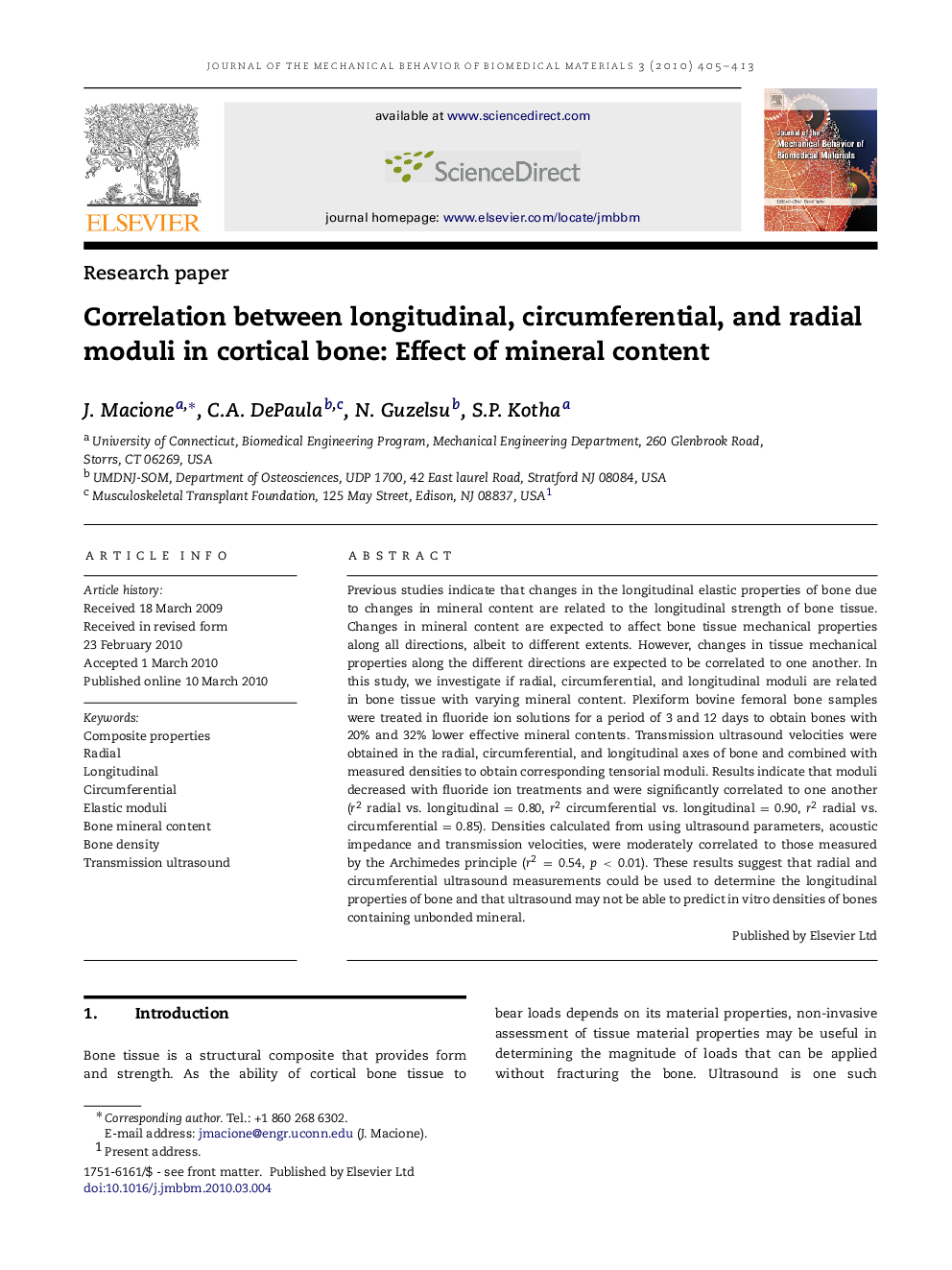 Correlation between longitudinal, circumferential, and radial moduli in cortical bone: Effect of mineral content