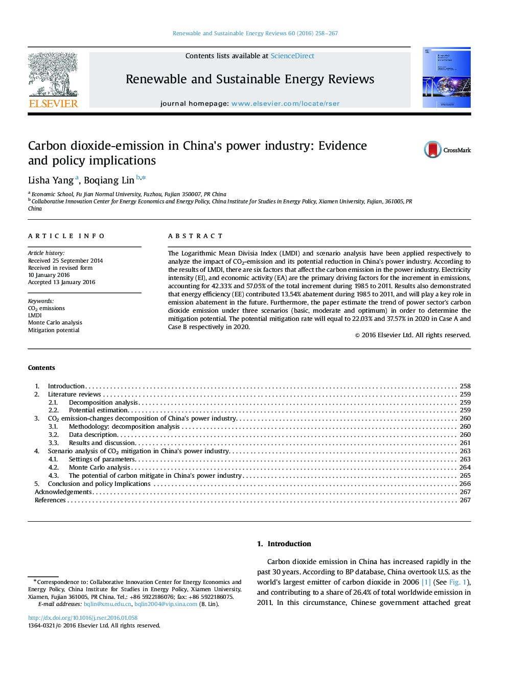 Carbon dioxide-emission in China×³s power industry: Evidence and policy implications