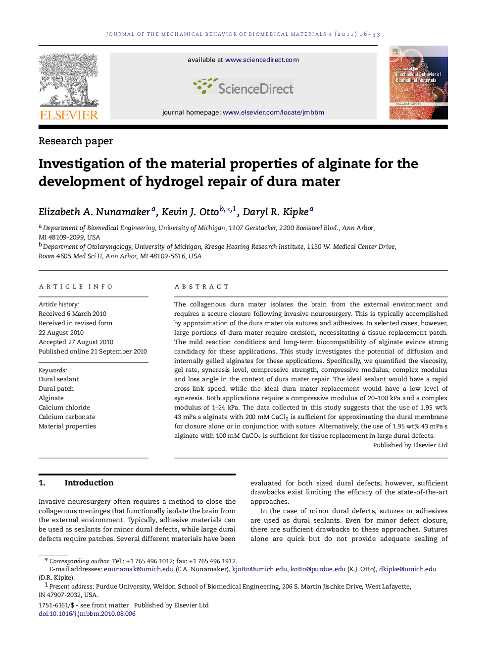 Investigation of the material properties of alginate for the development of hydrogel repair of dura mater