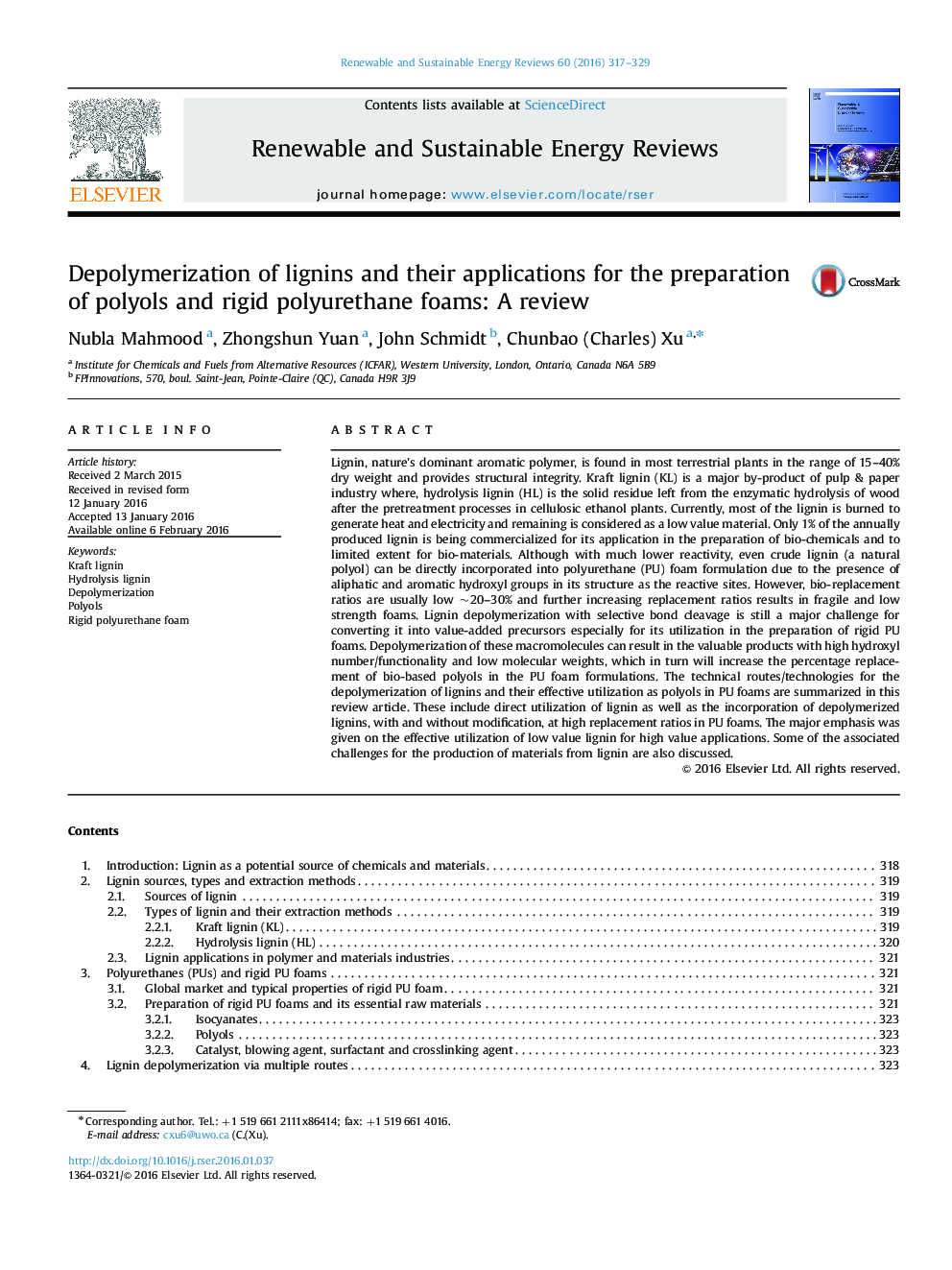 Depolymerization of lignins and their applications for the preparation of polyols and rigid polyurethane foams: A review