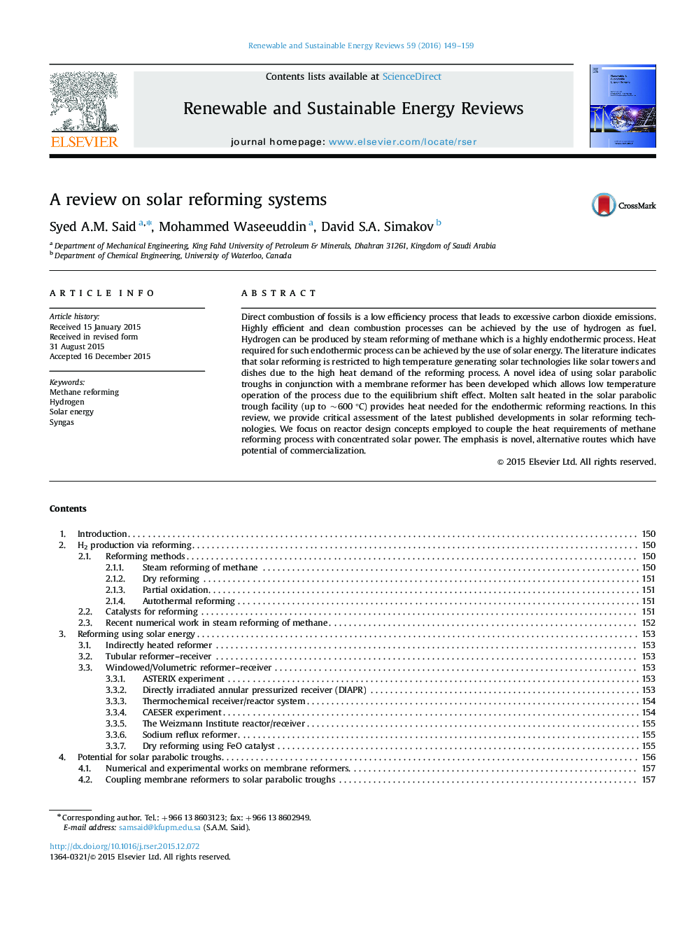 A review on solar reforming systems