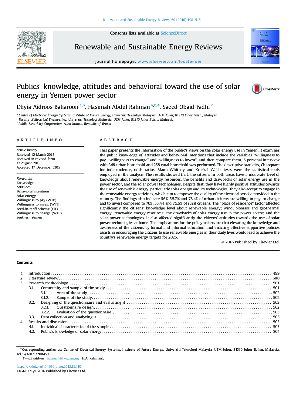 Publics×³ knowledge, attitudes and behavioral toward the use of solar energy in Yemen power sector
