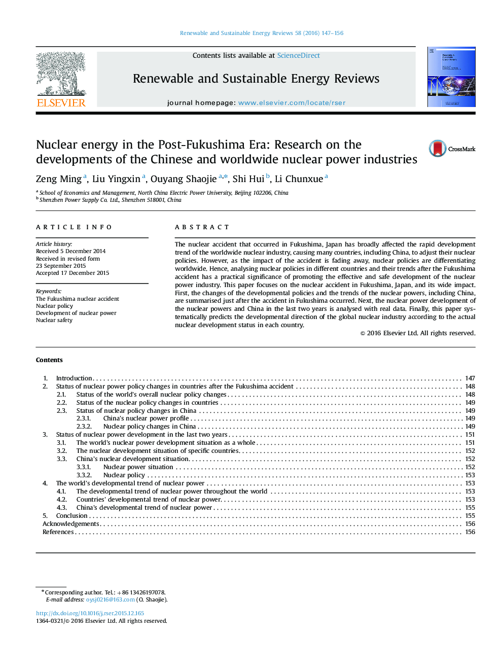 Nuclear energy in the Post-Fukushima Era: Research on the developments of the Chinese and worldwide nuclear power industries