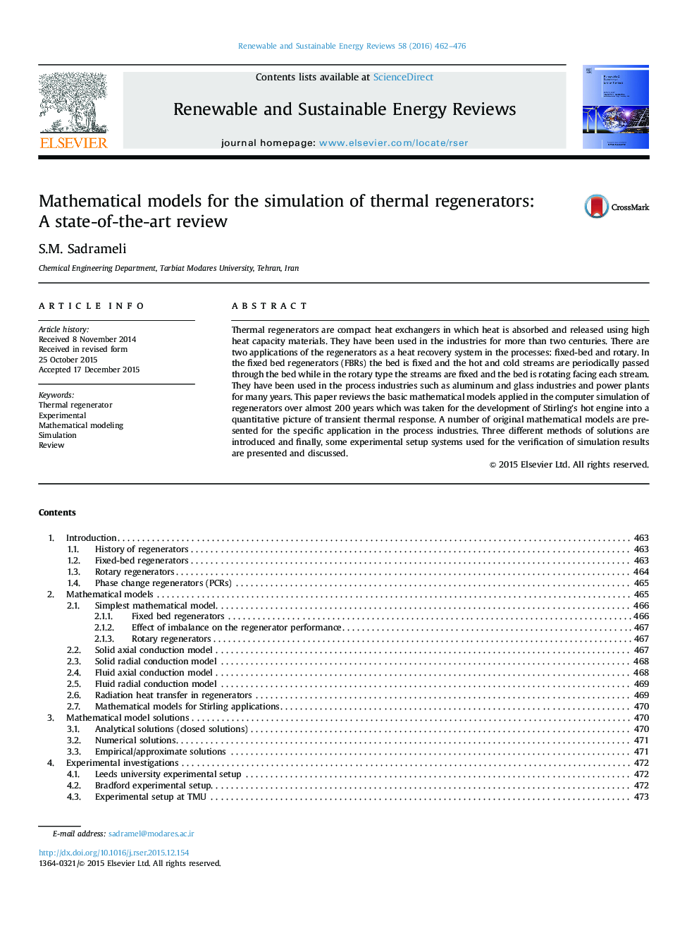 Mathematical models for the simulation of thermal regenerators: A state-of-the-art review