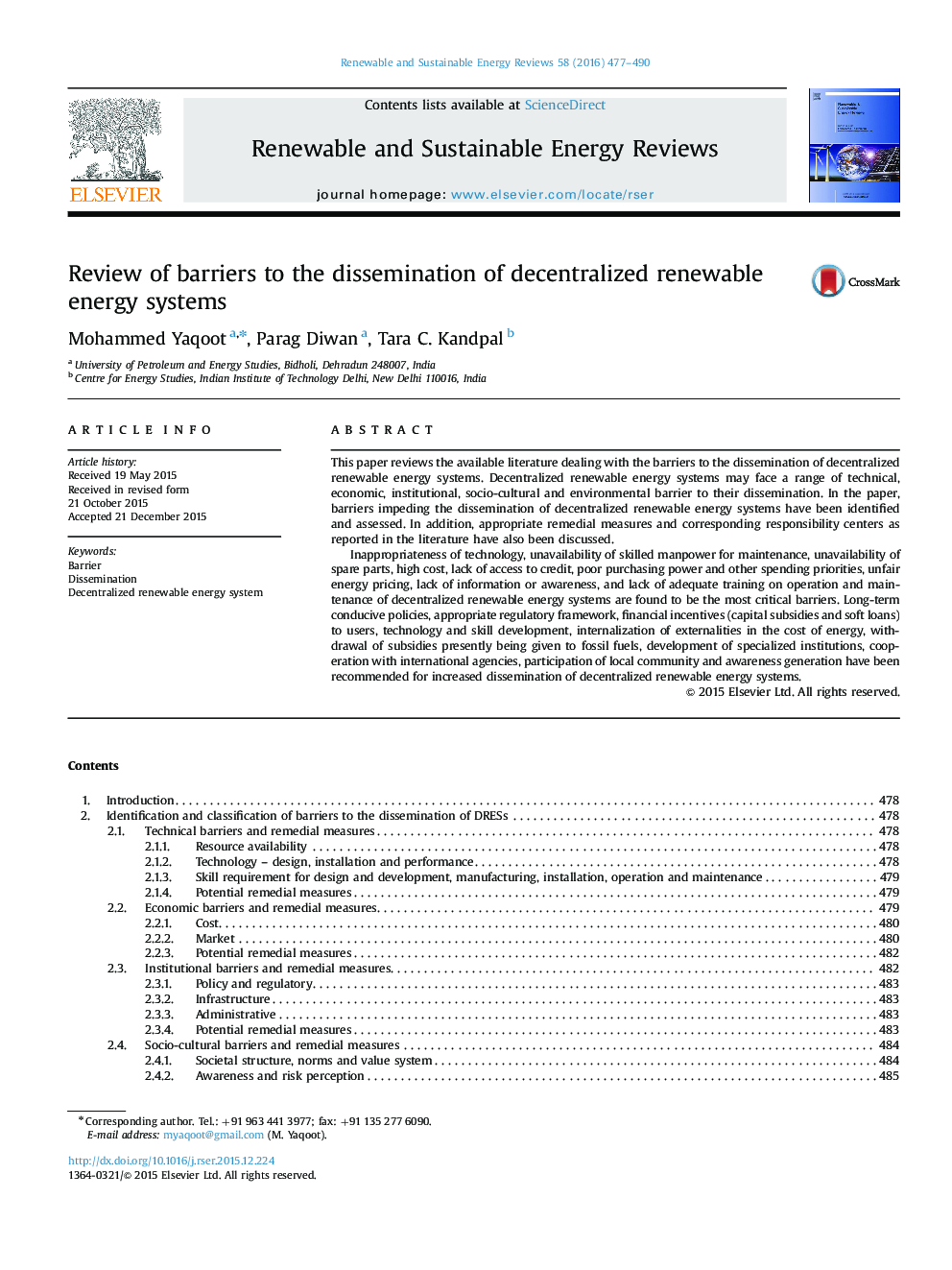 Review of barriers to the dissemination of decentralized renewable energy systems