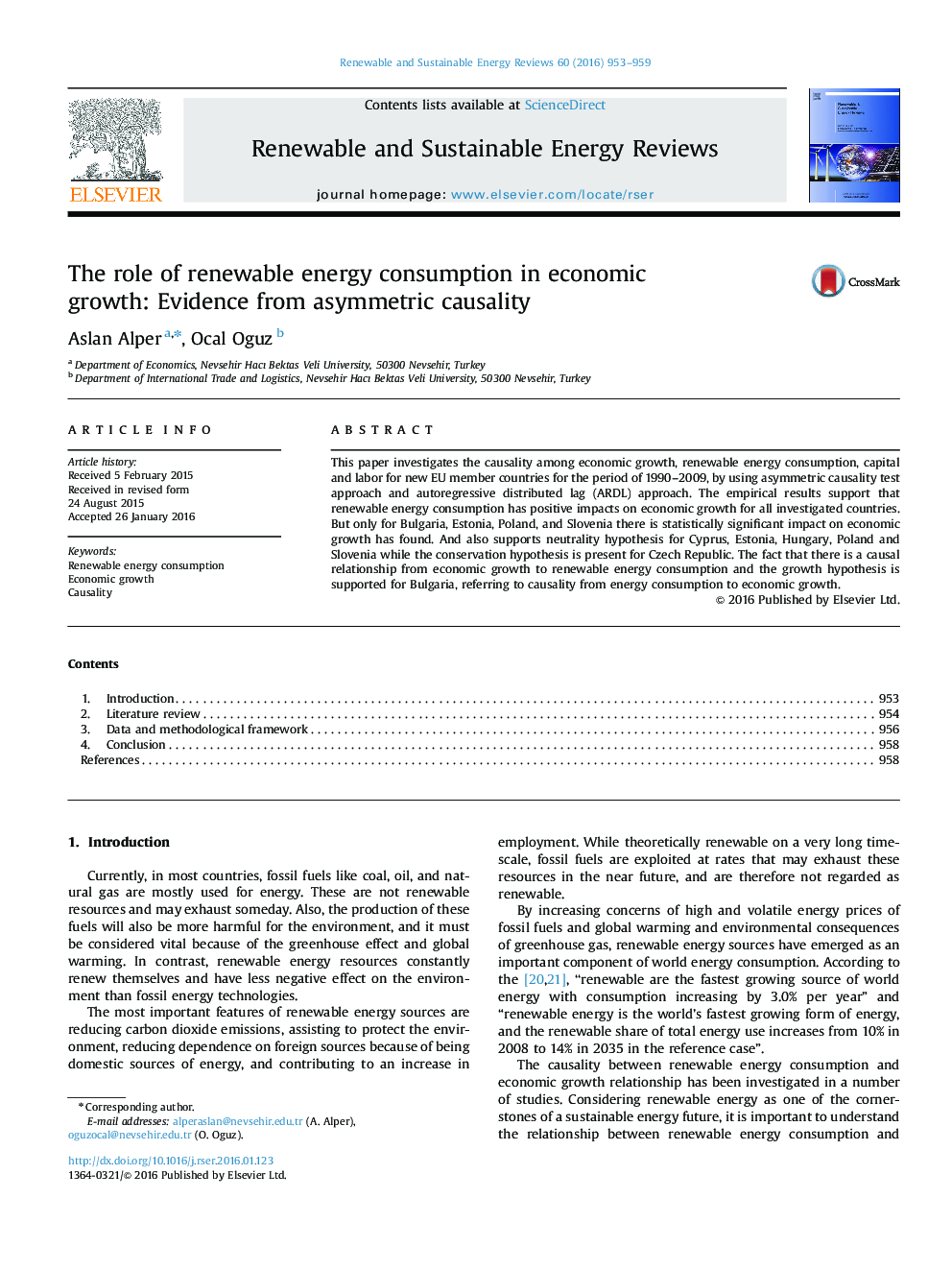 نقش مصرف انرژی تجدیدپذیر در رشد اقتصادی: شواهد از علیت های نامتقارن 