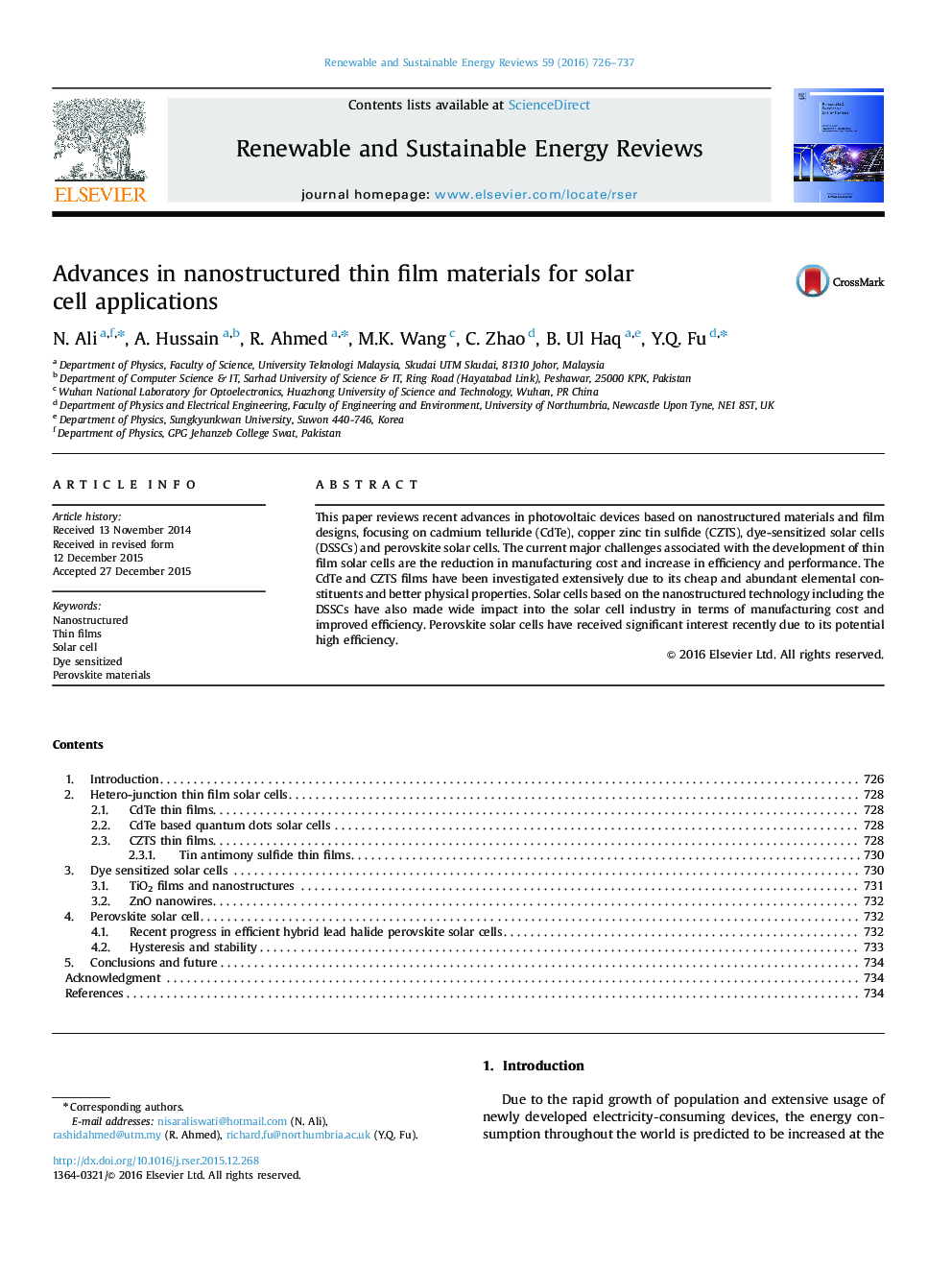 Advances in nanostructured thin film materials for solar cell applications