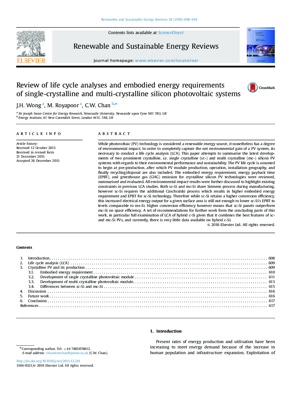 Review of life cycle analyses and embodied energy requirements of single-crystalline and multi-crystalline silicon photovoltaic systems