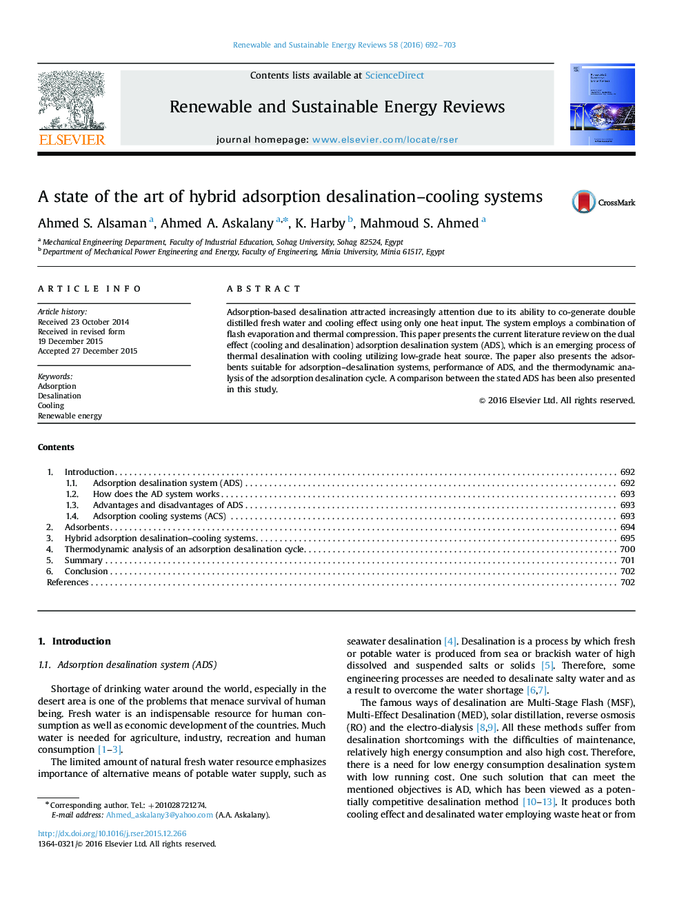 A state of the art of hybrid adsorption desalination-cooling systems