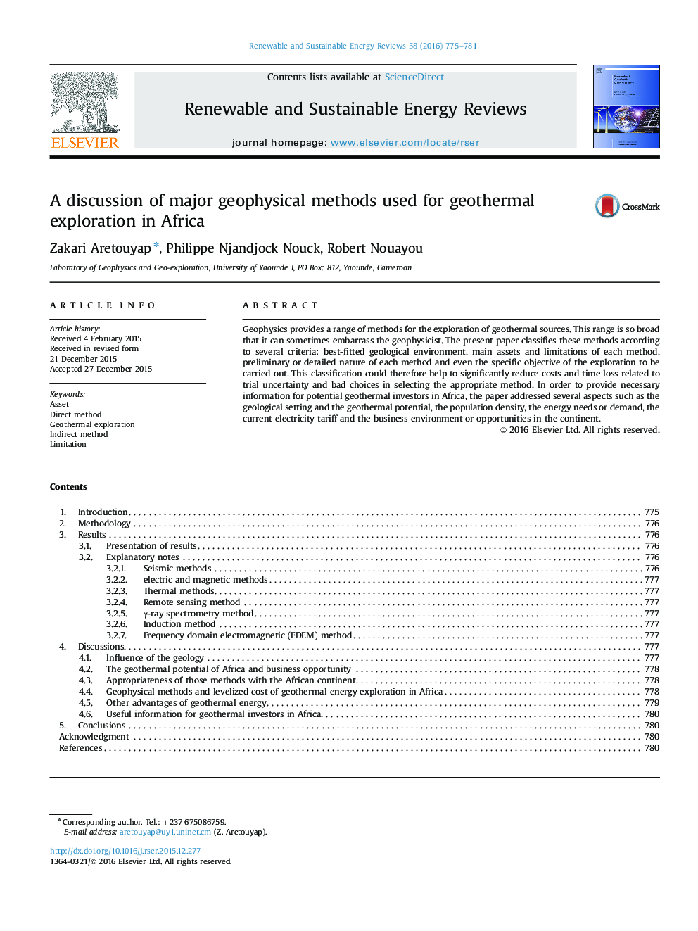 A discussion of major geophysical methods used for geothermal exploration in Africa