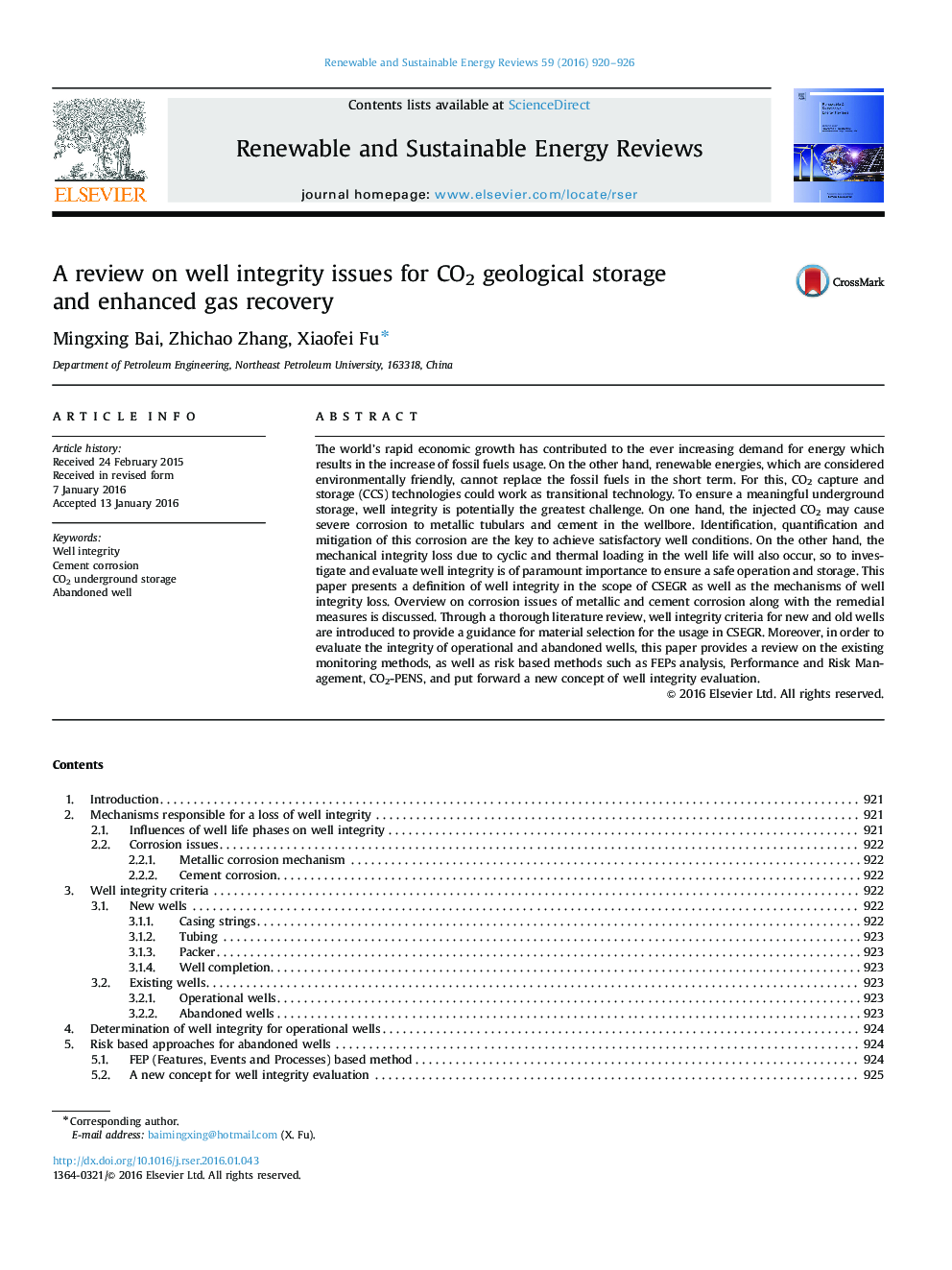 عکس صفحه اول مقاله: A review on well integrity issues for CO2 geological storage and enhanced gas recovery A review on well integrity issues for CO2 geological storage and enhanced gas recovery
