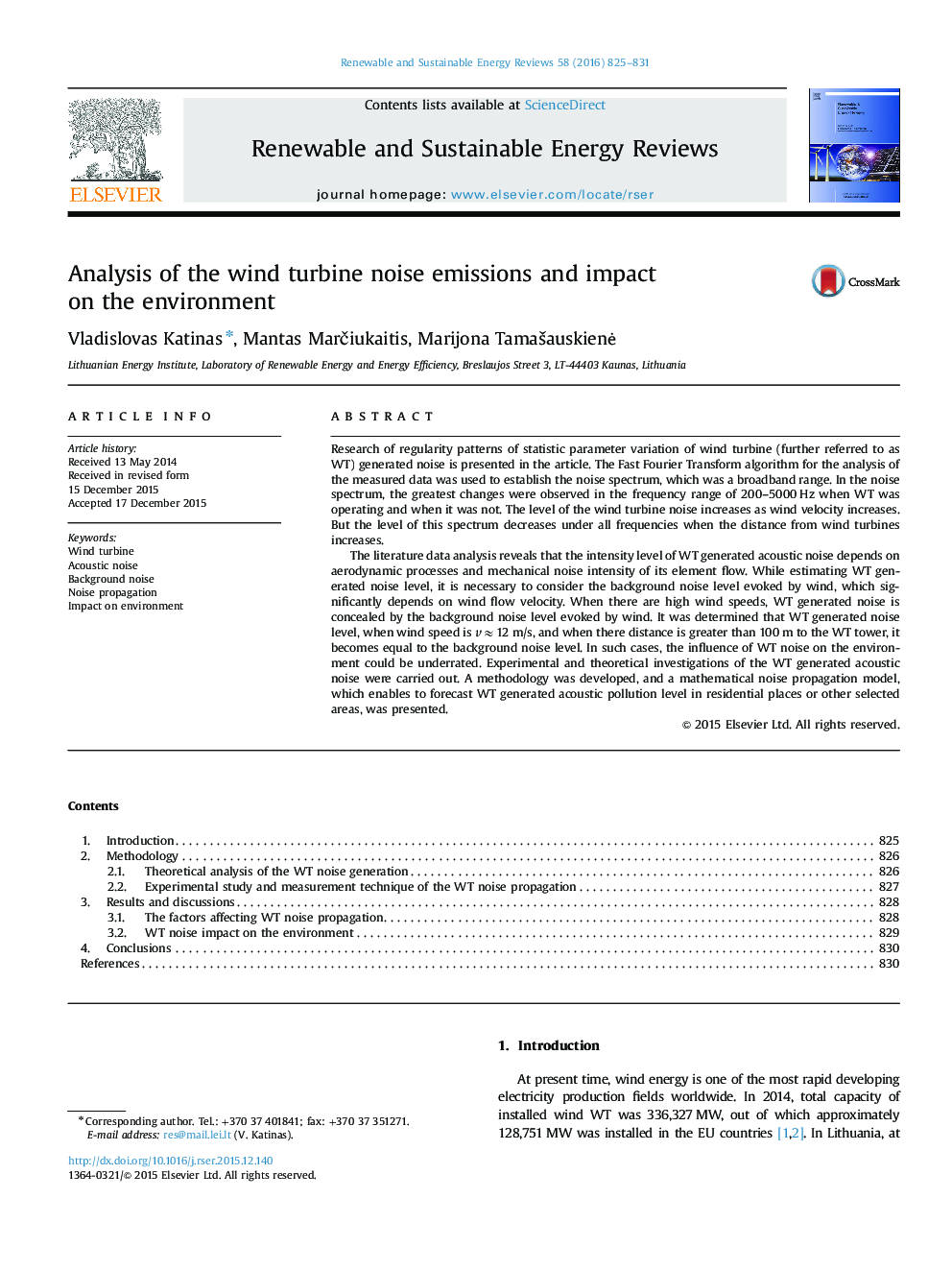 Analysis of the wind turbine noise emissions and impact on the environment