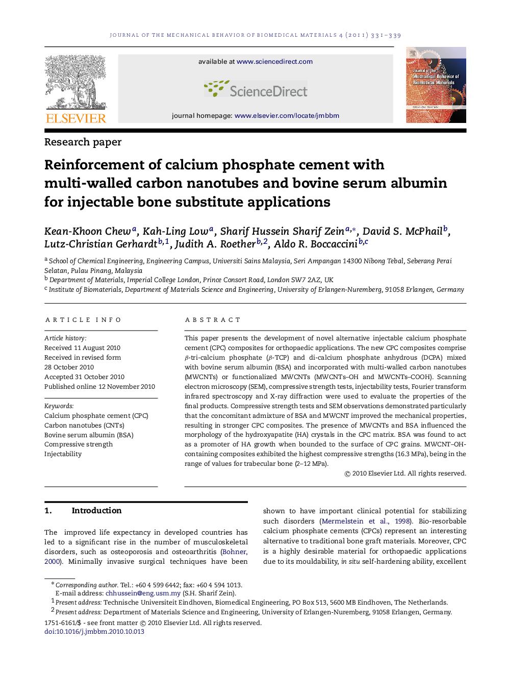 Reinforcement of calcium phosphate cement with multi-walled carbon nanotubes and bovine serum albumin for injectable bone substitute applications