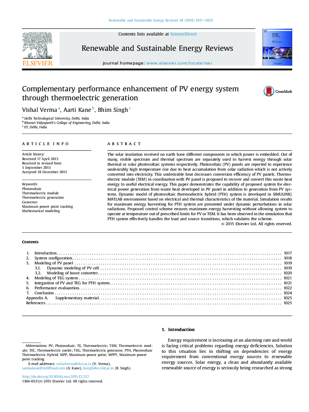 Complementary performance enhancement of PV energy system through thermoelectric generation