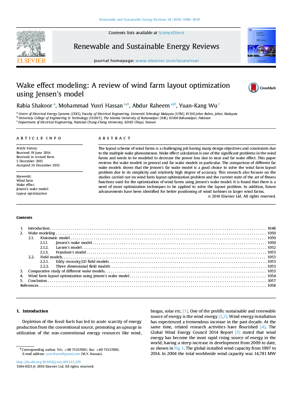 Wake effect modeling: A review of wind farm layout optimization using Jensen×³s model