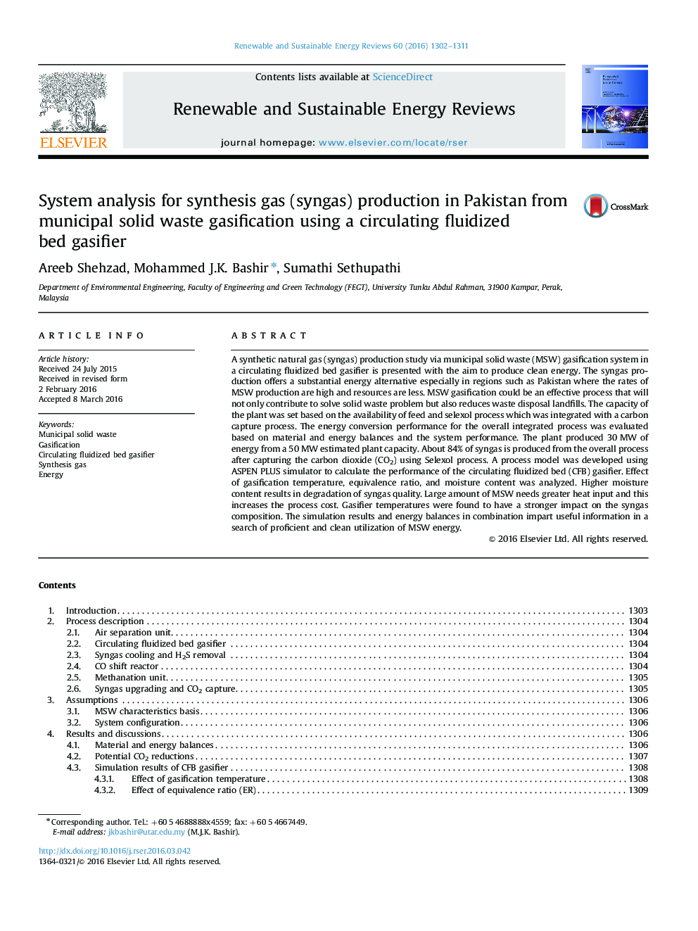 System analysis for synthesis gas (syngas) production in Pakistan from municipal solid waste gasification using a circulating fluidized bed gasifier