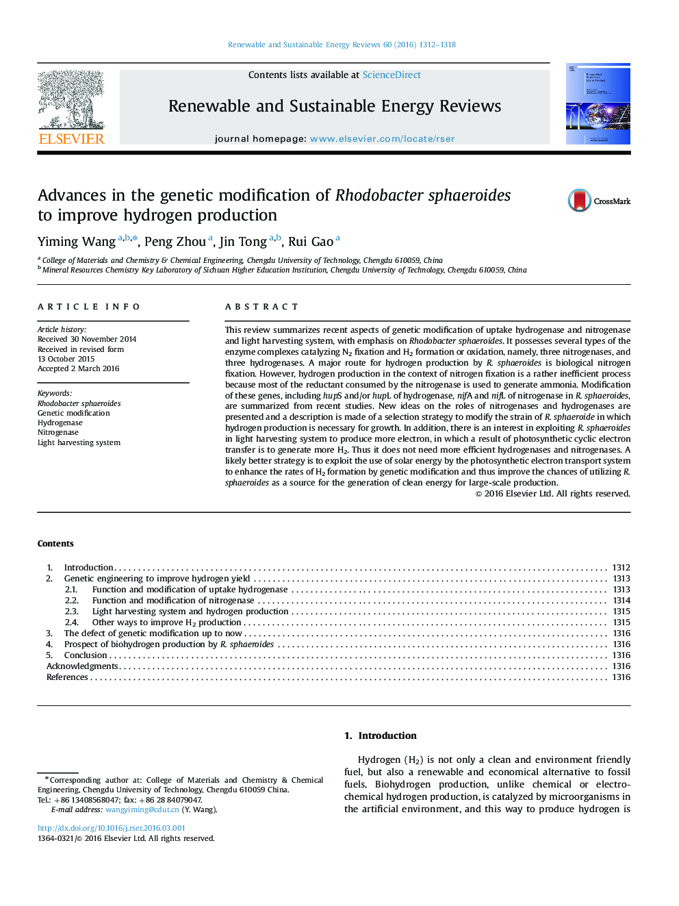 Advances in the genetic modification of Rhodobacter sphaeroides to improve hydrogen production