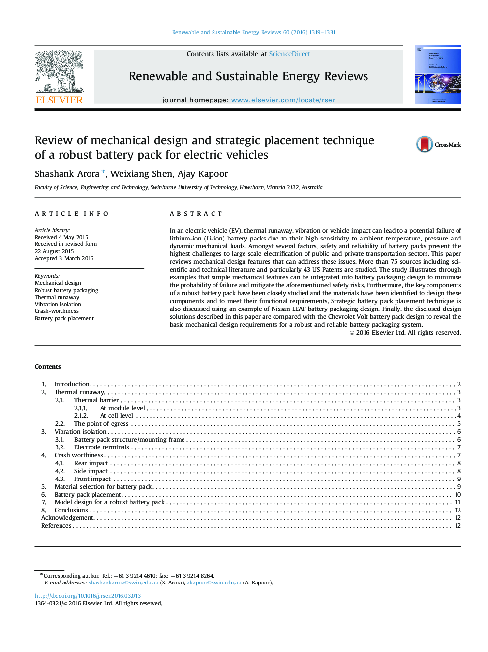 Review of mechanical design and strategic placement technique of a robust battery pack for electric vehicles