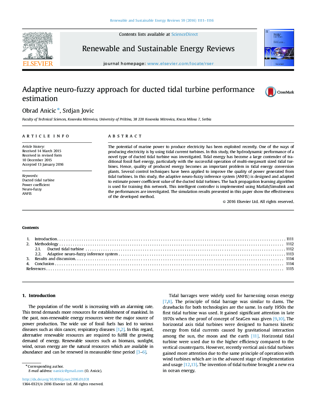 Adaptive neuro-fuzzy approach for ducted tidal turbine performance estimation