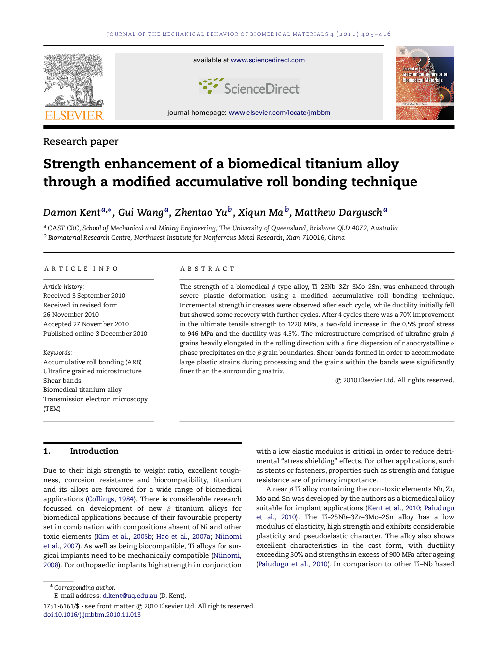 Strength enhancement of a biomedical titanium alloy through a modified accumulative roll bonding technique