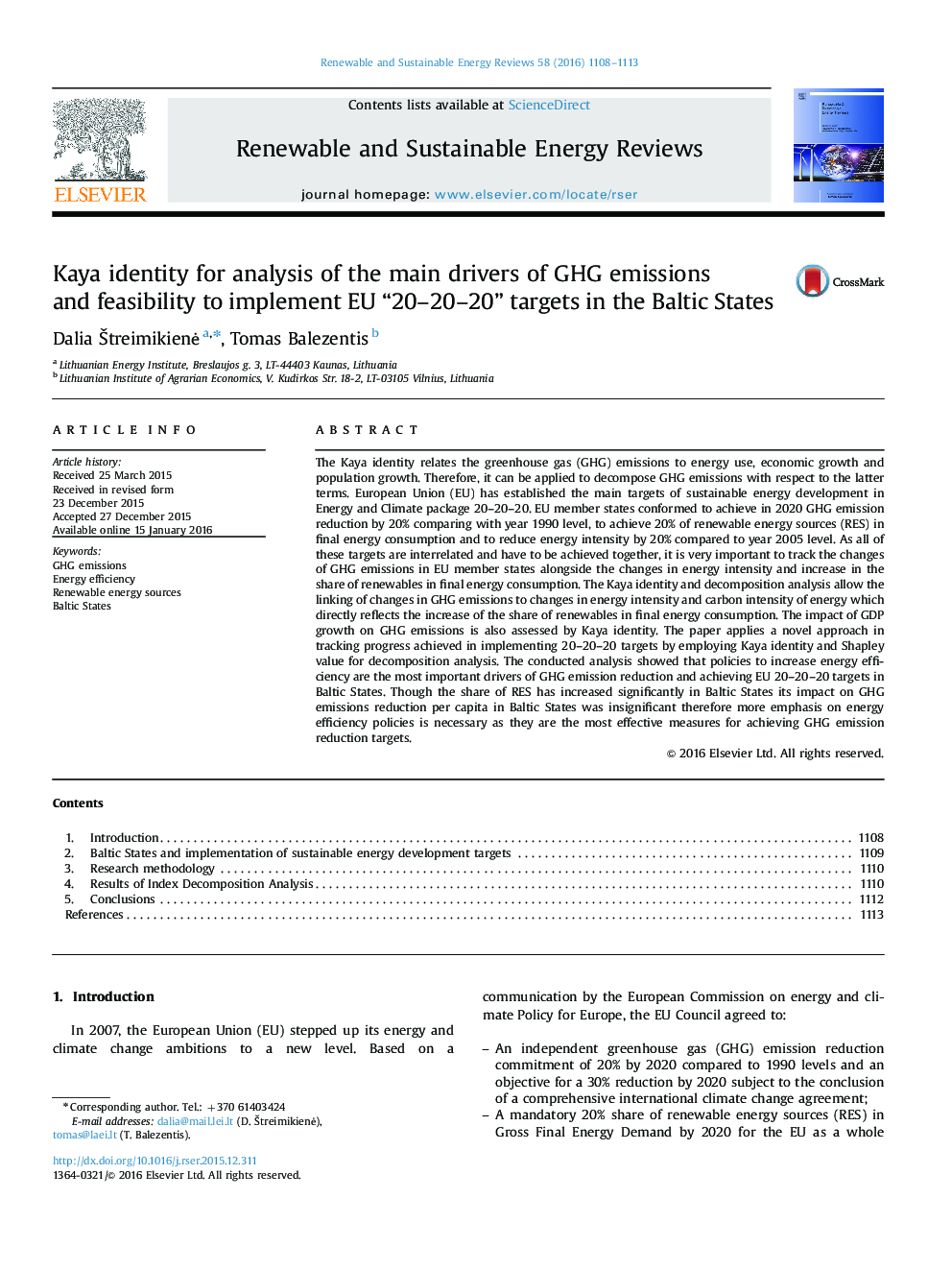 Kaya identity for analysis of the main drivers of GHG emissions and feasibility to implement EU “20-20-20” targets in the Baltic States