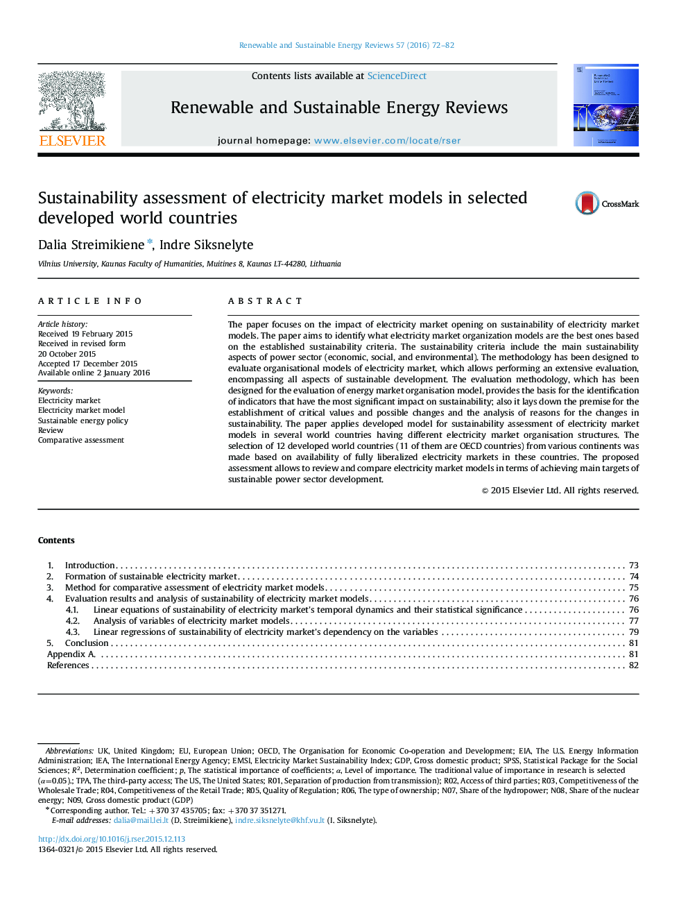 Sustainability assessment of electricity market models in selected developed world countries