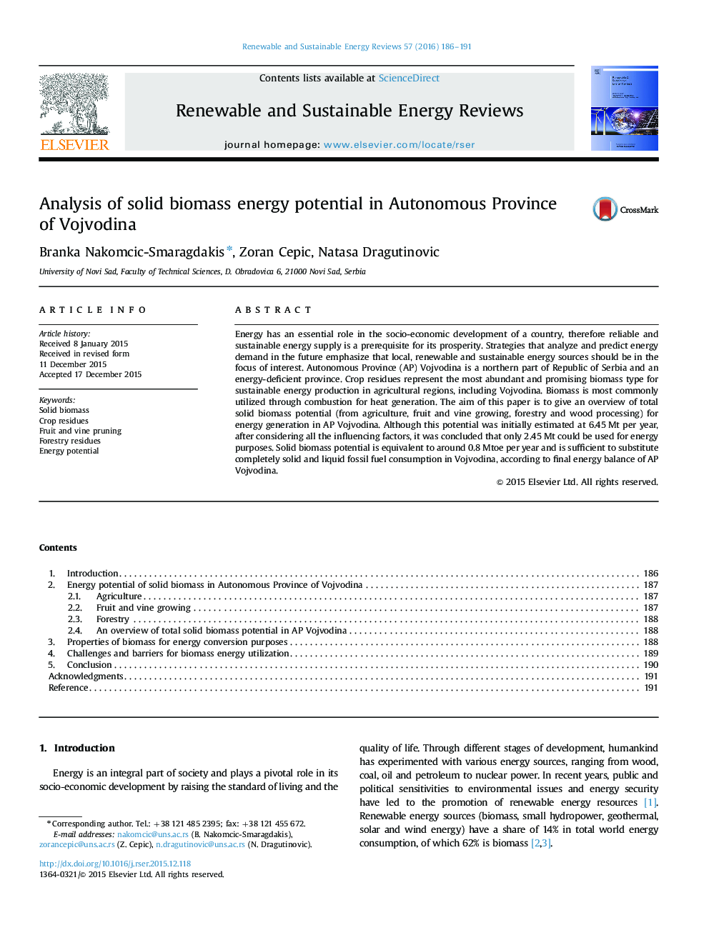 Analysis of solid biomass energy potential in Autonomous Province of Vojvodina